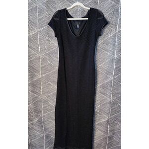 Vintage Black Knit‎ Maxi Dress Short Sleeve V Neck Sz 10
